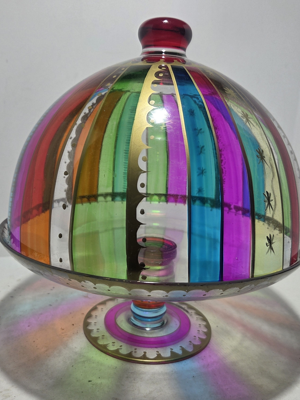 Vintage Pier One Imports "Festive Strip" Glass Cake Plate With Dome